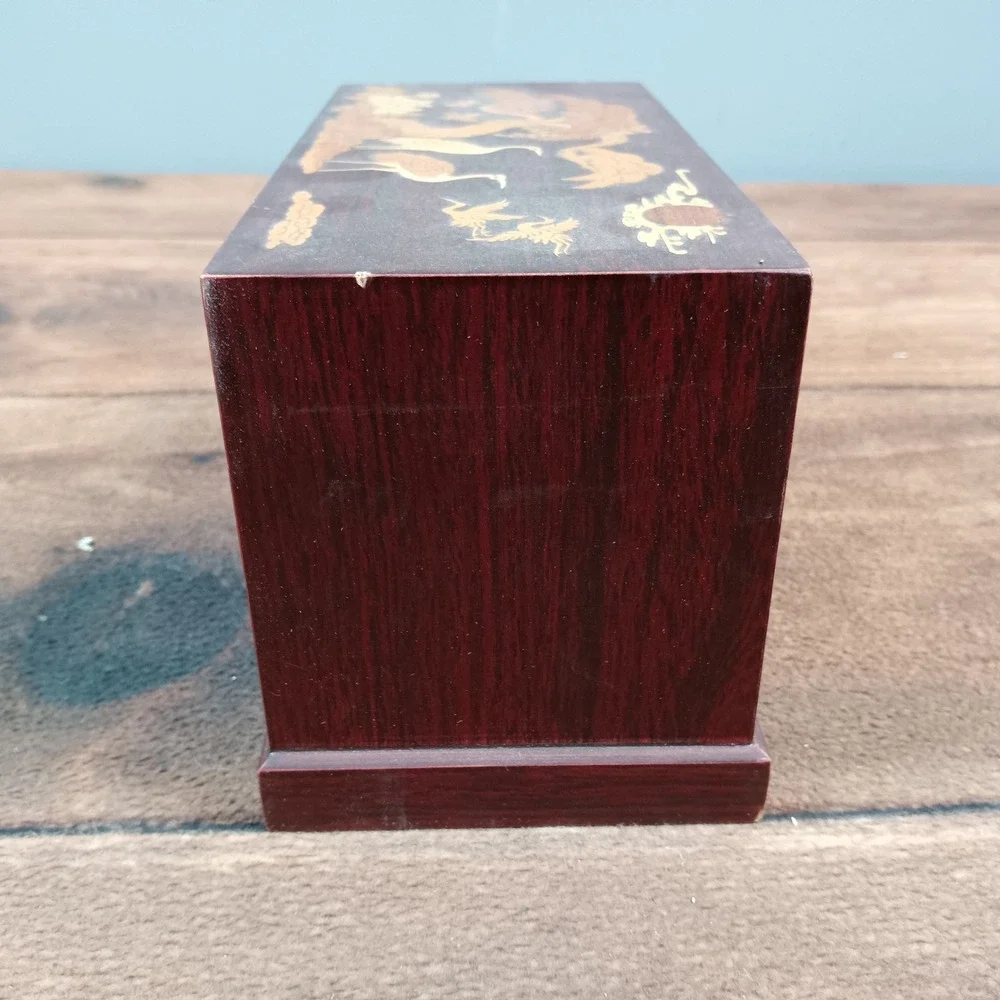 VTG MCM Asian Cherry Wood Carved Birds Abalone Shell Jewelry Box